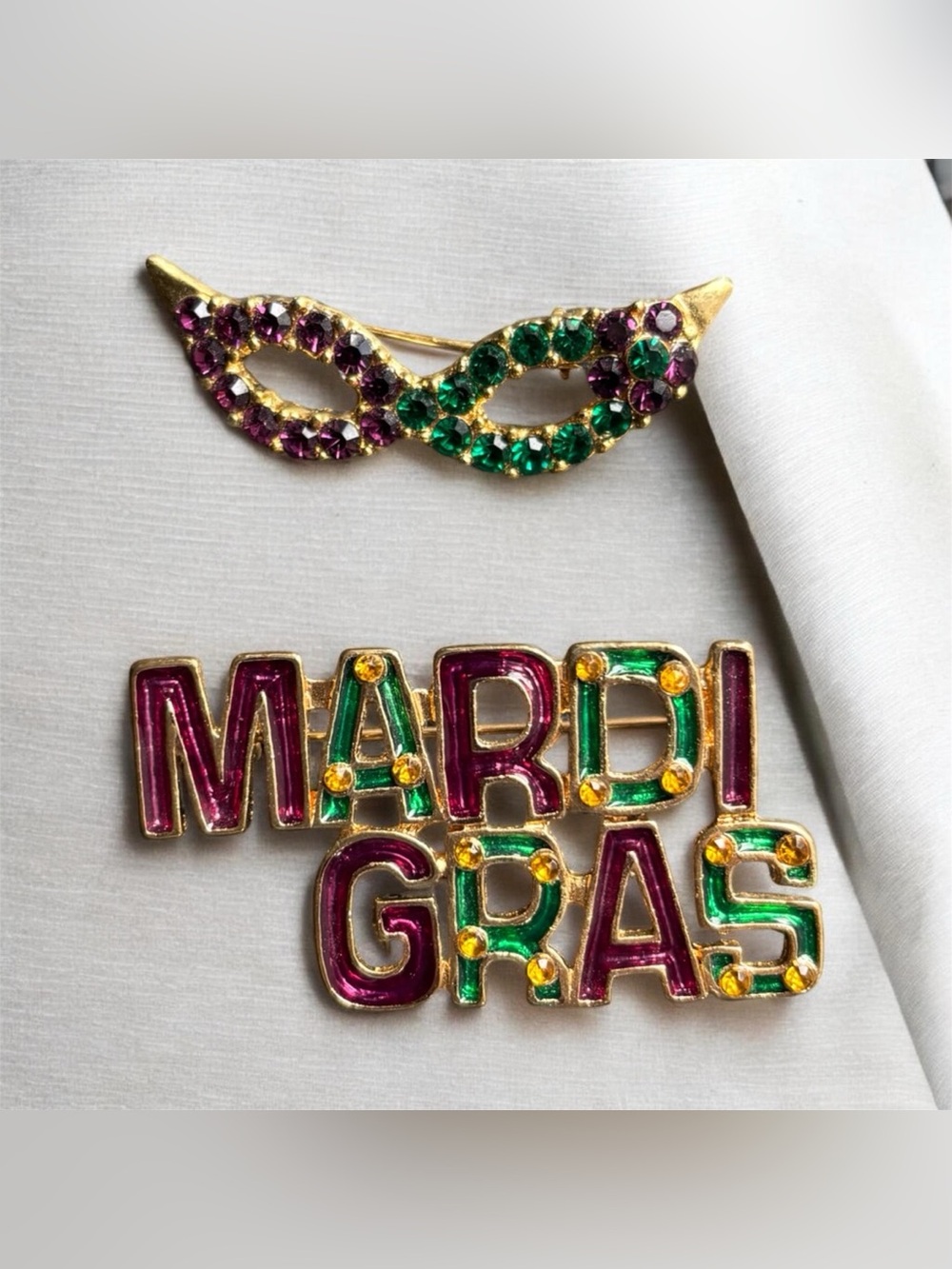 Mardi Gras Masquerade Mask and Lettering Brooch Set Purple Green Gold Party